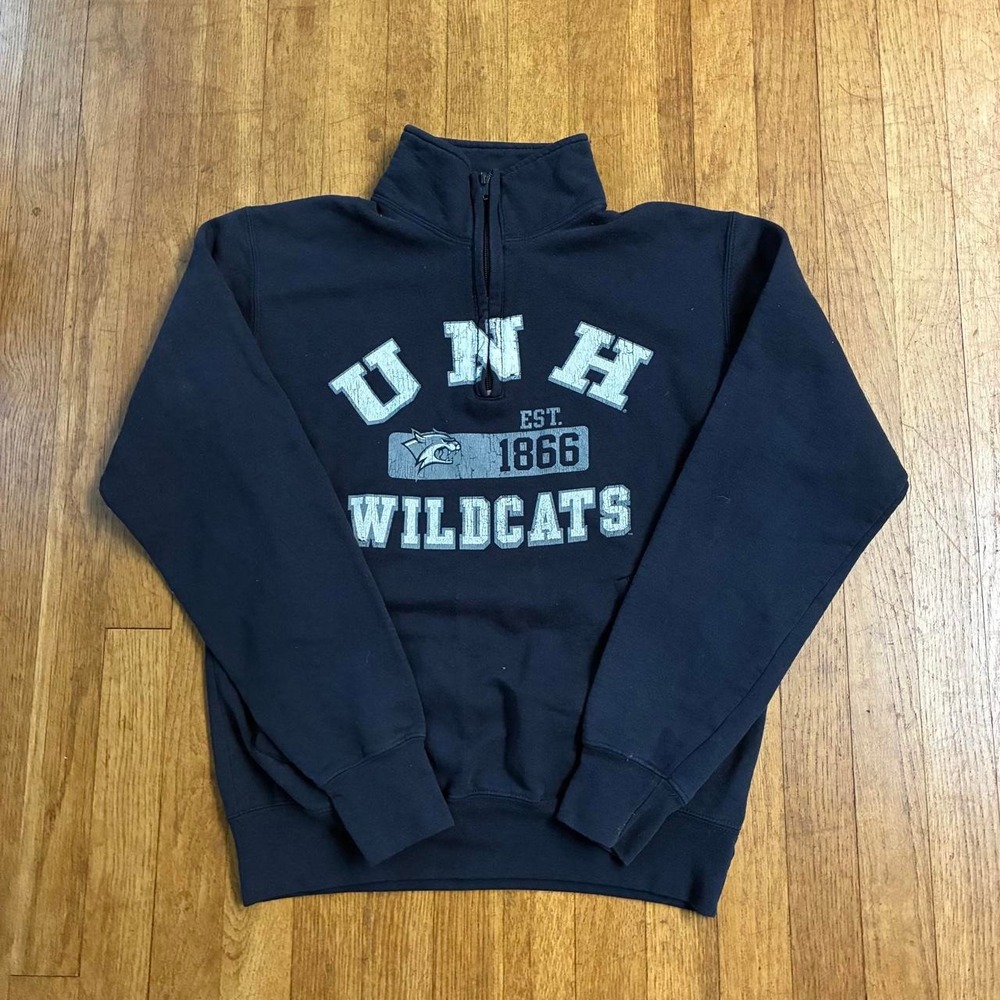 Champion UNH Wildcats Navy Quarter Zip Pullover Sweatshirt Mens Small 143